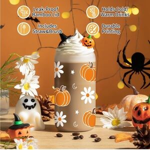 Halloween Pumpkin Fall Daisy Glass Cup - 16 oz